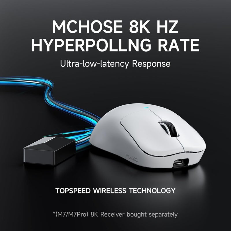 MCHOSE M7 Pro Wireless Gaming Mouse, 8K Polling, 55g Lightweight Ergonomic Computer Mouse PAW3395 Optical Sensor 650 IPS, 26000 DPI, 6 Programmable Controls USB-C 3-Modes PC/Mac White - Image 4